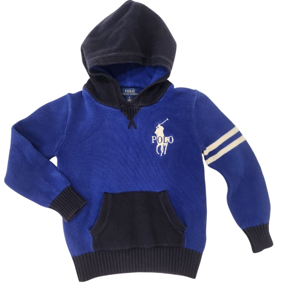 Polo Ralph Lauren Knit Hooded Sweater 6 Logo Thick Rugby Stripe Big Pony